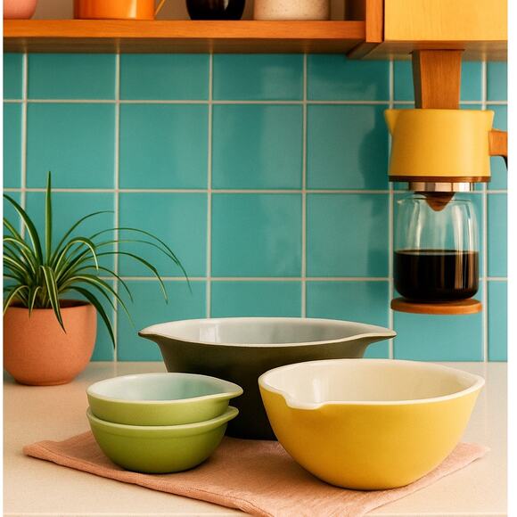 Vintage Pyrex 4 Pc Verde Green Mixing Bowl Set Mid Century Nesting - Picture 1 of 12